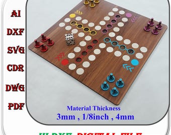 Ludo Board Game Laser Cut  File, 3mm 4mm 1/8inch Wooden Ludo Family Board Game Laser Template, Ludo with Tokens and Dice Svg Dxf Ai Cut File
