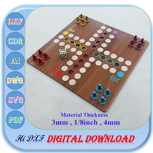 File di taglio laser per gioco da tavolo Ludo, 3 mm 4 mm 1/8 di pollice Modello laser per gioco da tavolo in legno Ludo Family, Ludo con gettoni e dadi Svg Dxf Ai File di taglio