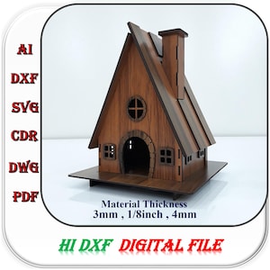 Casinha de pássaros rústica cortada a laser em formato de chalé, com espessura de material de 3 mm, 4 mm e 1/8 de polegada. Arquivo de corte SVG, DXF e AI para casinha de pássaros de madeira.