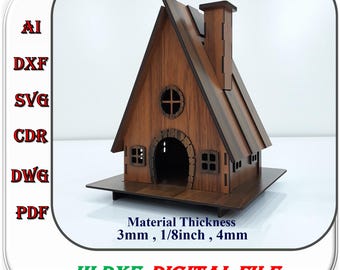 Laser Cut Bird House Rustic Cottage Shape 3mm 4mm 1/8inch Material Thickness, Wooden Bird House Svg Dxf Ai Cutting File