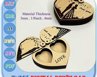 May include: Laser-cut wooden heart-shaped box with a hinged lid, featuring a silhouette of a couple under a tree and the words "love you." The box is open, revealing two heart-shaped compartments and the word "LOVE." The text "Hi DXF DIGITAL DOWNLOAD" is also visible.