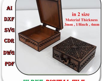 File per taglio laser di scatole di legno in 2 diverse dimensioni, 3 mm, 4 mm, 1/8 di pollice. Scatola regalo in formato SVG, DXF e AI.