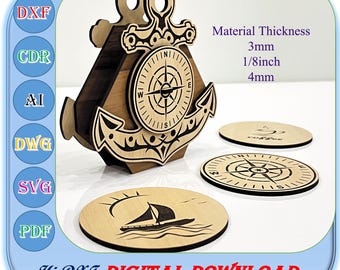 Laser Cut Coaster Anchor and Compass Shape 3mm 1/8inch 4mm Thickness Svg Dxf Ai Digital File