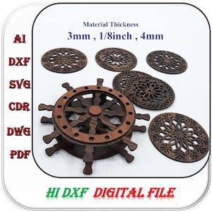 Posavasos de madera cortado con láser con forma de timón de barco para 3 mm, 1/8 de pulgada y 4 mm. Plantilla SVG, DXF y AI para posavasos de madera.