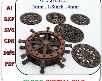 Laser Cut Wooden Coaster Ship Steer Wheel Shape for 3mm 1/8inch 4mm, Wooden Coaster Svg Dxf Ai Template