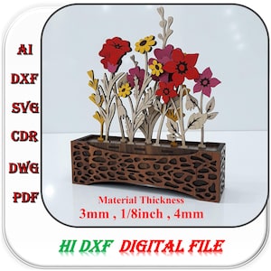 Wooden Wild Flower and Vase Laser Cutting Template 3mm 1/8inch 4mm Material Thickness, Wooden Flower with Pot Svg Dxf Ai
