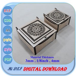 Laser geschnittene Geschenkbox aus Holz mit Klappdeckel in 2 verschiedenen Größen, 3 mm 1/8 Zoll 4 mm Geschenkbox Laservorlage