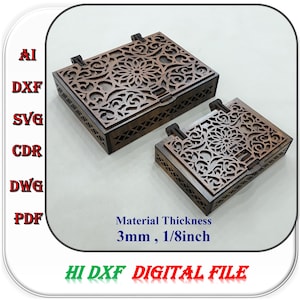 Caja de regalo cortada con láser con cerradura, disponible en 2 tamaños diferentes (3 mm, 1/8 de pulgada). Plantilla SVG, DXF y AI para caja de regalo de madera.