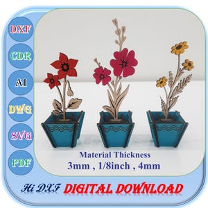 Lasergesneden wilde bloem in 3 vazen voor 3 mm 1/8 inch 4 mm materiaaldikte, houten wilde bloem Svg Dxf AI-sjabloon