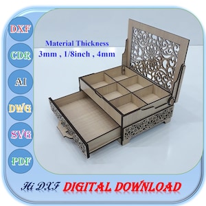 Wooden Jewelry Box with Drawer Laser Cut Box, 3mm 4mm 1/8inch Jewelry Box Svg Dxf Ai Template