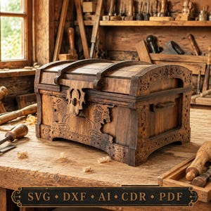 May include: A dark brown wooden chest with a curved lid and a central latch. The front panel features intricate carvings of two stylised lions facing each other, surrounded by floral patterns. The text SVG, DXF, AI, CDR, PDF is visible.