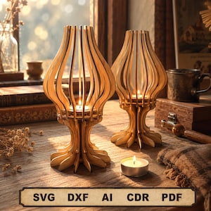 May include: Two light-colored wooden candle holders with a vertical slatted, bulbous design. Each holder features a central platform for a tea light candle. A single tea light candle sits on the surface in front of the holders. Text reads SVG DXF AI CDR PDF.