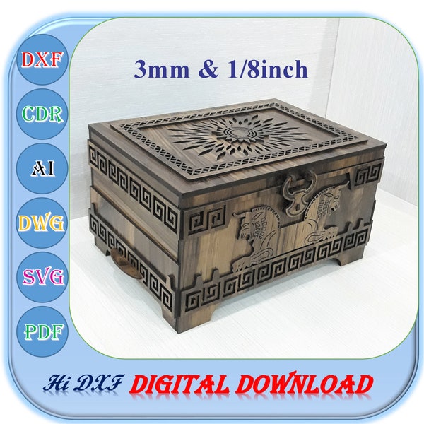 Caja de joyería de madera con archivos cortados por láser de 2 cajones, archivo Dxf de caja de joyería de 3 mm 1/8 de pulgada, caja de joyería cortada con láser