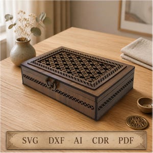 May include: A rectangular dark wood storage box featuring a laser-cut geometric lattice pattern on the lid and sides, secured with a metal latch. A rectangular label at the bottom displays the text SVG, DXF, AI, CDR, and PDF in black font.