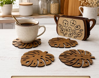 Sous-verre à café découpé au laser en forme de feuille, épaisseur 3 mm (1/8 pouce ou 4 mm), formats SVG, DXF et AI ; gabarit de sous-verre à thé en bois