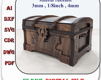 Lasergesneden schatkist sjabloon, 3 mm 1/8 inch 4 mm houten kist Svg Dxf Ai Cut-bestanden