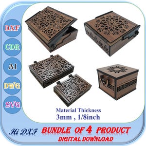 Paquete de 4 cajas de regalo de madera, archivo de corte láser, plantilla SVG, DXF y AI de 3 mm (1/8 de pulgada) para joyero.