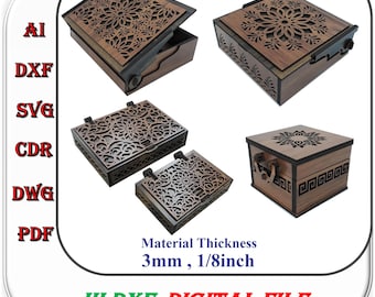 Geschenkschachtel aus Holz als Bundle aus 4 Produkten Laserschnitt-Datei, 3 mm 1/8 Zoll Schmuckschatulle svg dxf ai Vorlage