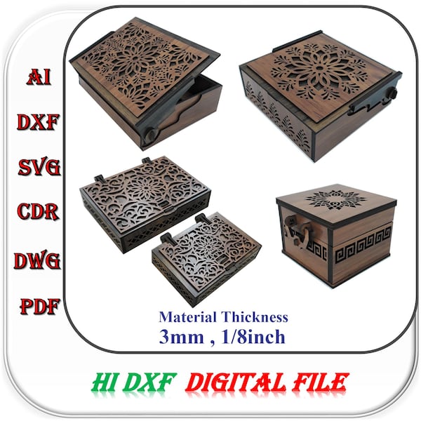 Wooden Gift Box Bundle of 4 Products Laser Cutting File, 3mm 1/8inch Jewelry Box Svg Dxf Ai Template