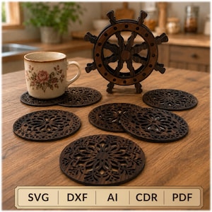May include: A set of dark brown laser-cut wooden coasters with intricate floral patterns, accompanied by a matching ship wheel-shaped holder. A ceramic mug with a floral design sits nearby. The image includes the text SVG, DXF, AI, CDR, PDF.