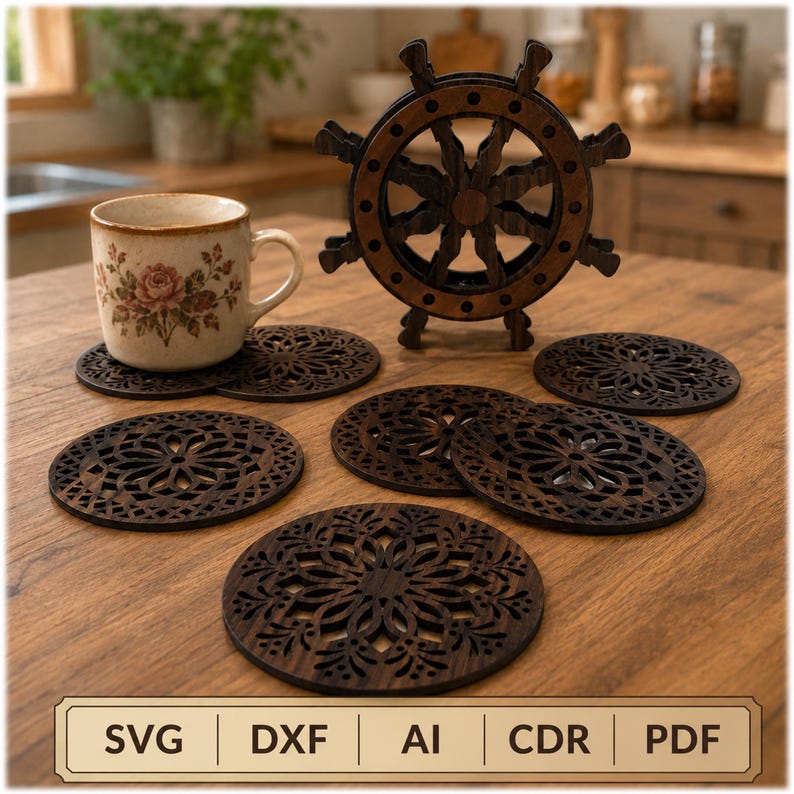 May include: A set of dark brown laser-cut wooden coasters with intricate floral patterns, accompanied by a matching ship wheel-shaped holder. A ceramic mug with a floral design sits nearby. The image includes the text SVG, DXF, AI, CDR, PDF.
