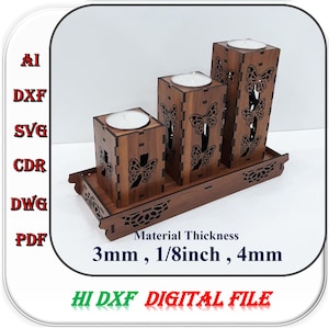 Laser Cut Tealight Candle Holder With Tray Svg Dxf Ai 3mm 1/8inch 4mm Material Thickness, Candle Stick Template