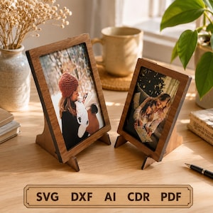 Lasergesneden fotolijst met houder in 3 maten, 3 mm (1/8 inch), 4 mm materiaaldikte, SVG, DXF, AI-sjabloon