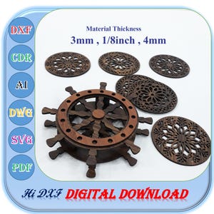 Laser Cut Wooden Coaster Ship Steer Wheel Shape for 3mm 1/8inch 4mm, Wooden Coaster Svg Dxf Ai Template