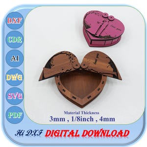 Laser Cut Heart shaped Wooden Gift Box 3mm 4mm 1/8inch Material Thickness Svg Dxf Ai