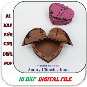 Laser Cut Heart shaped Wooden Gift Box 3mm 4mm 1/8inch Material Thickness Svg Dxf Ai