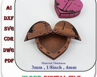 Scatola regalo in legno a forma di cuore tagliata al laser, spessore del materiale 3 mm, 4 mm, 1/8 di pollice. File SVG, DXF e AI.