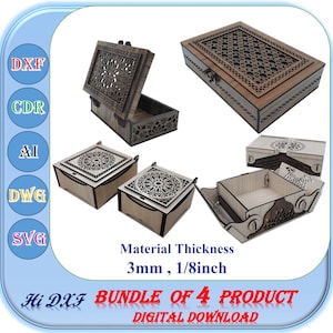 4er Set Geschenkbox Laser Cut Datei für 3 mm 1/8 Zoll Materialstärke, Geschenkbox aus Holz svg Dxf Ai Template