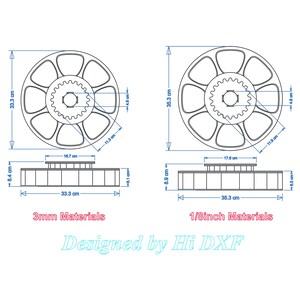 K&ouml;nnte beinhalten: Linienzeichnung von zwei kreisf&ouml;rmigen Designs mit jeweils 7 Punkten. Die Designs sind mit "3mm Materials" und "1/8inch Materials" beschriftet. Die Designs haben einen Durchmesser von 8,4 cm bzw. 8,9 cm. Der Text "Designed by Hi DXF" befindet sich unterhalb der Designs.