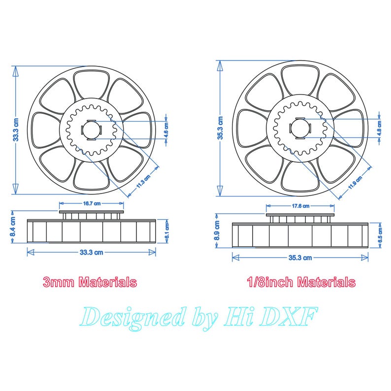 K&ouml;nnte beinhalten: Linienzeichnung von zwei kreisf&ouml;rmigen Designs mit jeweils 7 Punkten. Die Designs sind mit "3mm Materials" und "1/8inch Materials" beschriftet. Die Designs haben einen Durchmesser von 8,4 cm bzw. 8,9 cm. Der Text "Designed by Hi DXF" befindet sich unterhalb der Designs.