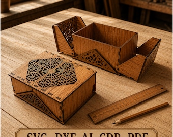 May include: A brown wooden box with a laser-cut geometric pattern on the lid and sides, featuring a hinged design that opens into three sections. A wooden ruler and pencil are placed nearby. The text SVG, DXF, AI, CDR, PDF is visible.