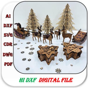 Laserskuret julpaket med 4 produkter Granar, renar, tomte och trick, presentask i 2-modell, 3 mm 4 mm 1/8 tum 5 mm 6 mm Svg Dxf-mall