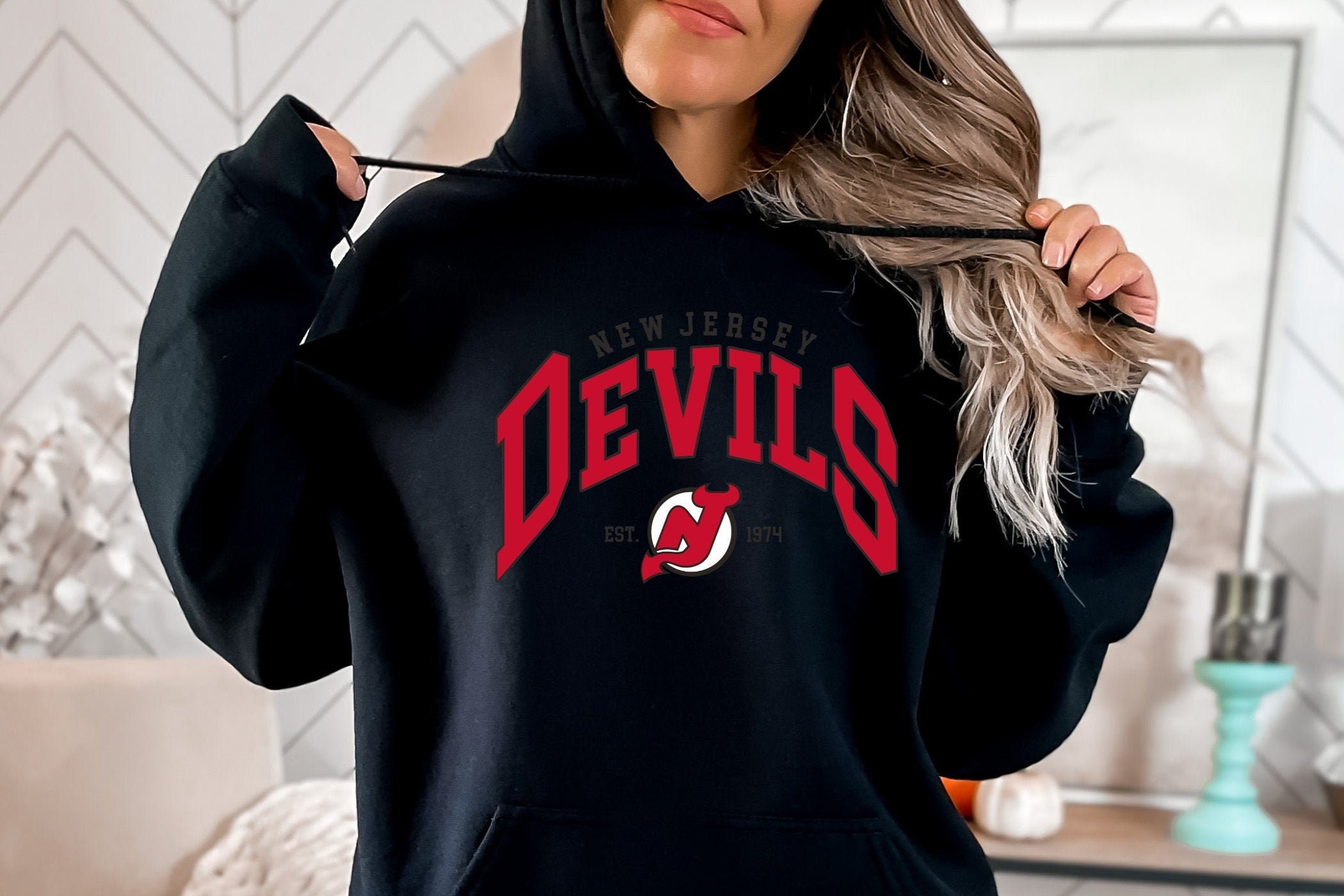 3D Printed New Jersey Devils Custom Name Number Throwback Vintage White  Jersey Pullover Hoodie Style Custom Living Room Curtains in 2023