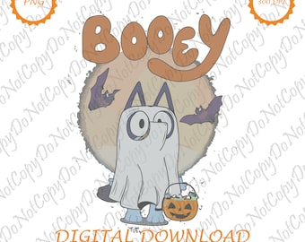 May include: A digital download graphic featuring a cartoon dog dressed as a ghost for Halloween. The dog is holding a jack-o'-lantern bucket. The word "Booey" is written above the dog in orange letters. The image includes the text "DIGITAL DOWNLOAD".