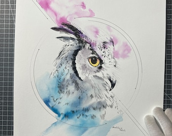 Geometrical Owl, Watercolor Painting