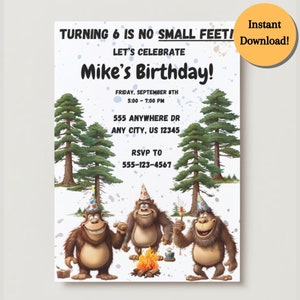 Bigfoot verjaardagsuitnodiging sjabloon, INSTANT DOWNLOAD, bewerkbare Cartoon Bigfoot Party uitnodiging