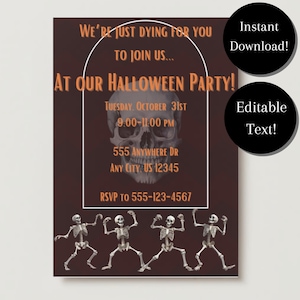 Plantilla de invitación para fiesta de Halloween, DESCARGA INSTANTÁNEA, invitación de esqueleto bailando, cumpleaños para niños o adultos