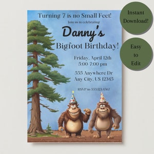 Bigfoot Birthday Invitation Template, INSTANT DOWNLOAD, Editable Cartoon Bigfoot Party Invite