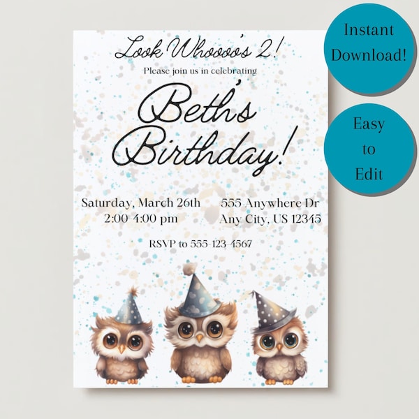 Owl Themed Birthday Party Invitation Template, INSTANT DOWNLOAD, Editable Owl Party Invite