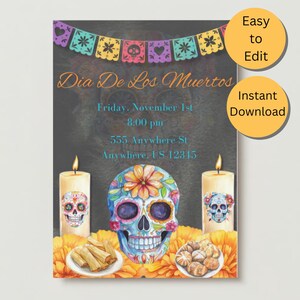 Modelo de convite para festa Dia De Los Muertos, DOWNLOAD INSTANTÂNEO, Dia dos Mortos, Tamales, Pan Dulce, Caveira de Açúcar, Editável, Imprimir