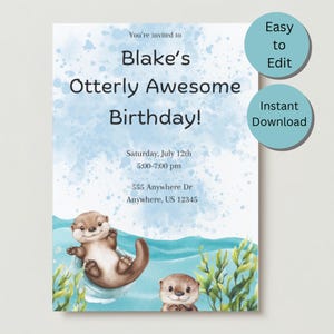 Plantilla de invitación de cumpleaños de nutria en acuarela: editable e imprimible (descarga digital)