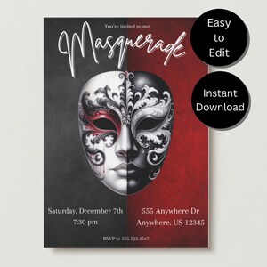 Masquerade Party Invitation Template, INSTANT DOWNLOAD, Mask, Black, White and Red, Birthday, Theme, Editable, Printable