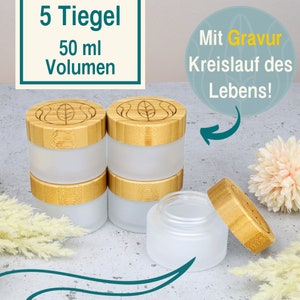 Glazen potten 50 ml, 5 stuks met bamboe deksels, opbergruimte voor doe-het-zelf cosmetica, schroefpot in mat of zwart, gravure, geschenkverpakking