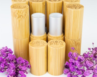 Lippenstifthülsen leer aus Bambus mit Gravur, 8 Stück, 4,5 ml, Lippenbalsam selber machen Hülle mit Geschenkbox