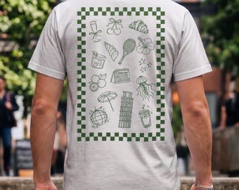 T-shirt personnalisé avec illustration vectorielle | Cadeau personnalisé avec des passions et des icônes, Tee-shirt unique avec motif doodle