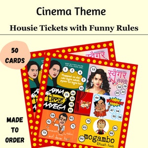 Housie Tickets for ladies kitty party games, 50 Movie Theme Tambola Tickets, Indian Bingo, printable tickets for fun parties